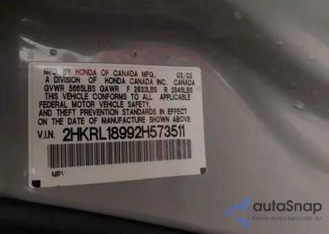 2002 Honda Odyssey Ex-L z USA, uszkodzony, nr VIN 2HKRL18992H573511